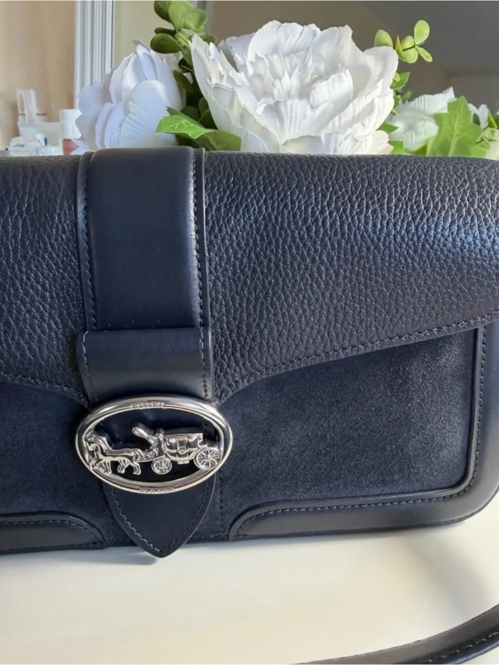 Coach Dark Blue Leather & Suede Shoulder Bag with Silver Horsebit